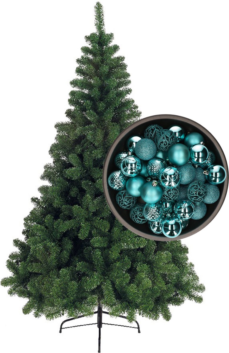 Bellatio Decorations kerstboom H150 cm - met kerstballen turquoise blauw