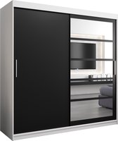InspireMe - Kledingkast met 2 schuifdeuren, Modern-stijl, Een kledingkast met planken en een spiegel (BxHxD): 200x200x62 - VENEZIA I 200 Wit Mat + Zwart