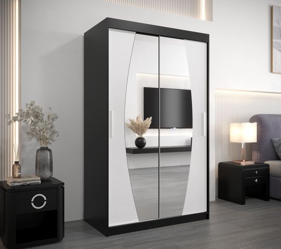 InspireMe - Armoire à 2 portes coulissantes, Style moderne, Une armoire avec des étagères et un miroir (LxHxP): 120x200x62 - GLOBE 120 Zwart Mat + Wit Mat