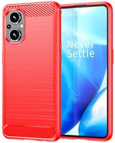 Oppo Reno 8 Lite Hoesje - MobyDefend TPU Gelcase - Geborsteld Metaal + Carbonlook - Rood - GSM Hoesje - Telefoonhoesje Geschikt Voor Oppo Reno 8 Lite