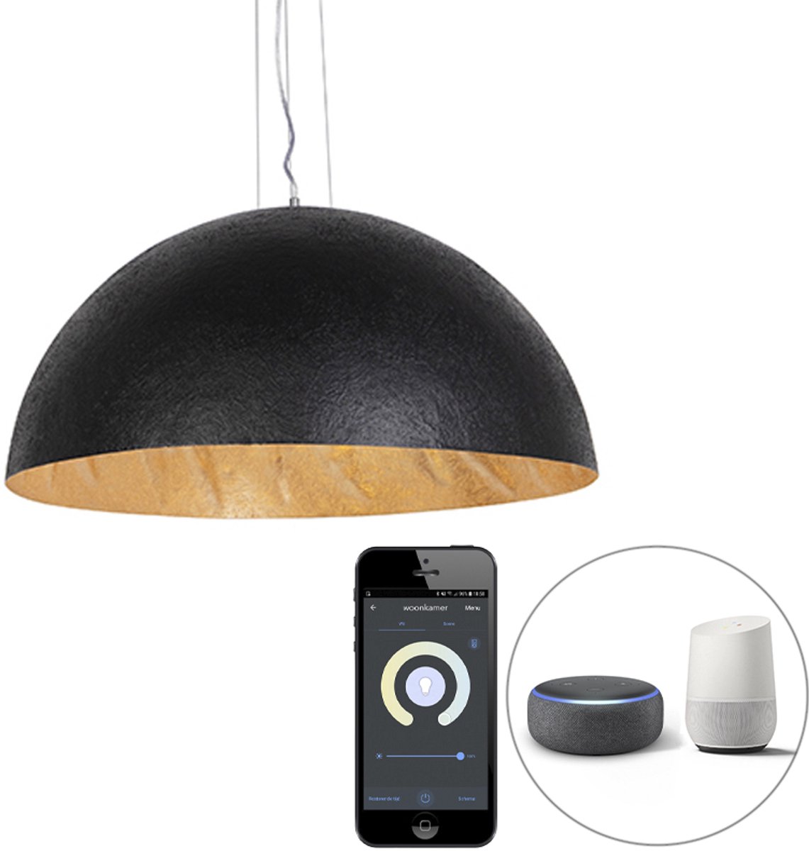 QAZQA magna xingjin - Moderne LED Smart Grote hanglamp incl. wifi voor boven de eettafel | in eetkamer - 3 lichts - Ø 70 cm - Zwart Goud - Woonkamer | Slaapkamer | Keuken