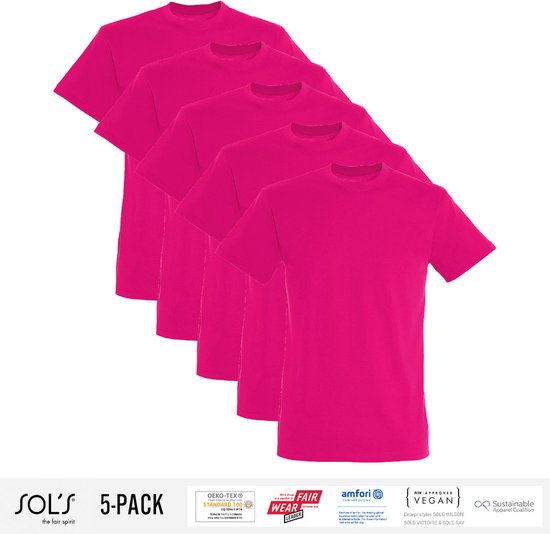 5 Pack Sol's Heren T-Shirt 100% biologisch katoen Ronde hals Roze Maat M
