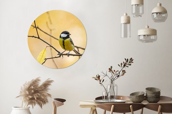 WallCircle - Wandcirkel - Muurcirkel - Vogel - Koolmees - Geel - Takken - Blad - Kunststof - Ronde schilderijen - 90x90 cm - Muurdecoratie rond - Wandcirkel natuur