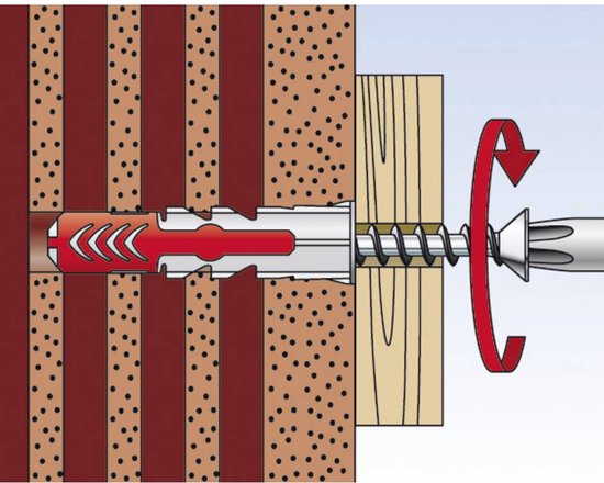 Fischer Duopower plug met schroef in poreus materiaal en houten balk.
