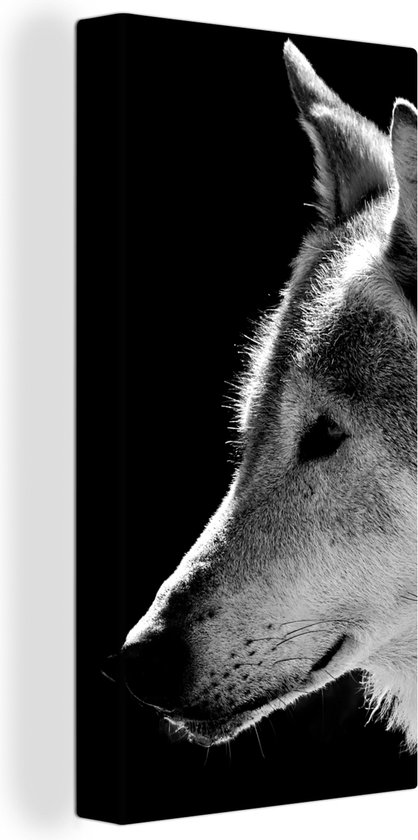 Canvas schilderij - Wilde dieren - Wolf - Zwart - Wit - Canvas doek - 40x80 cm - Canvas - Woondecoratie - Wanddecoratie