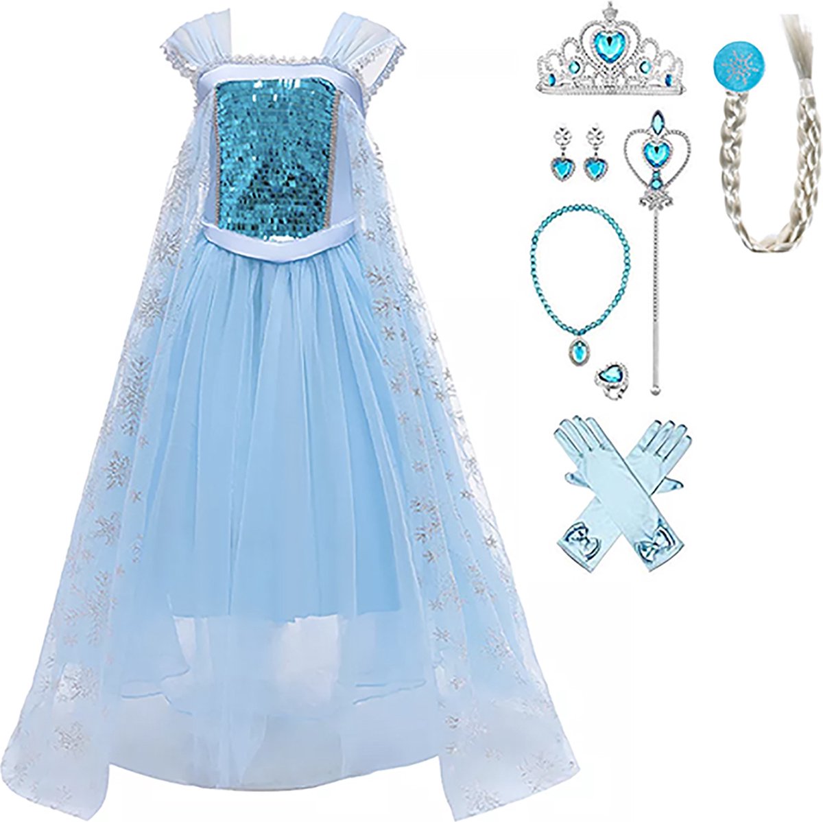 Frozen jurk prinsessenjurk meisje - toverstaf, kroon, juwelenset, Elsa haarvlecht, handschoenen - maat 122/128