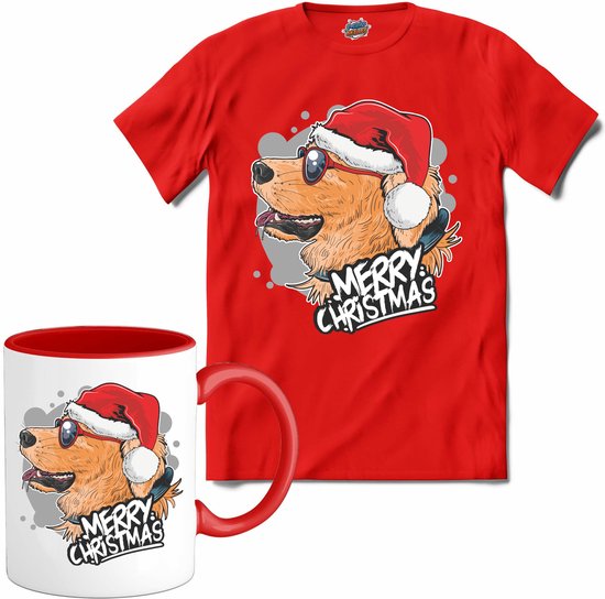 Merry christmas kerst labrador - T-Shirt met mok - Meisjes - Rood - Maat 12 jaar
