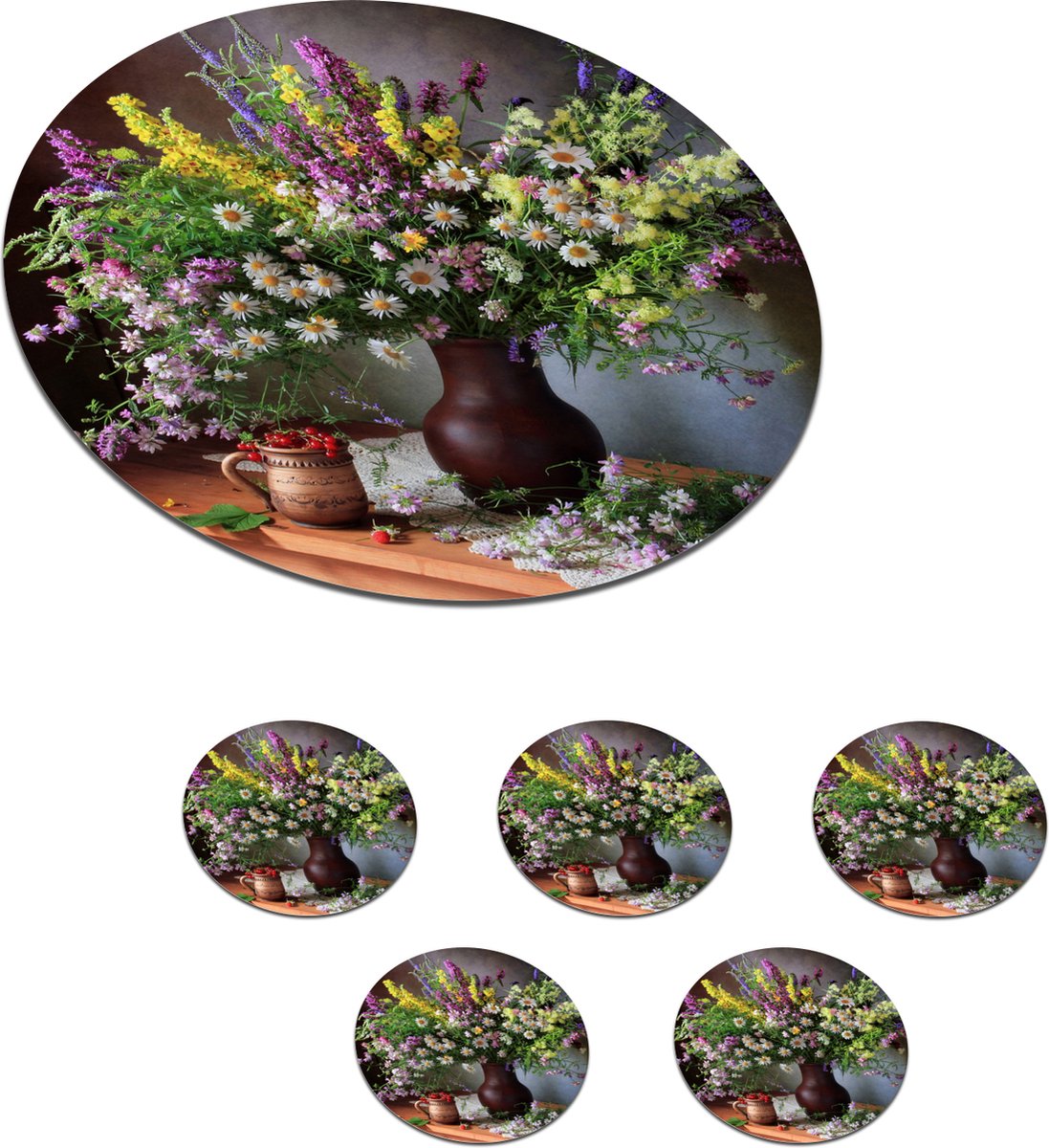 Onderzetters voor glazen - Rond - Bloemen - Tafel - Stilleven - Boeket - Vaas - 10x10 cm - Glasonderzetters - 6 stuks