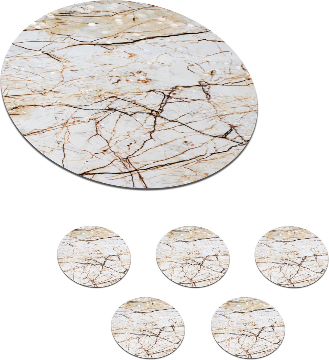 Onderzetters voor glazen - Rond - Marmer - Bruin - Wit - 10x10 cm - Glasonderzetters - 6 stuks