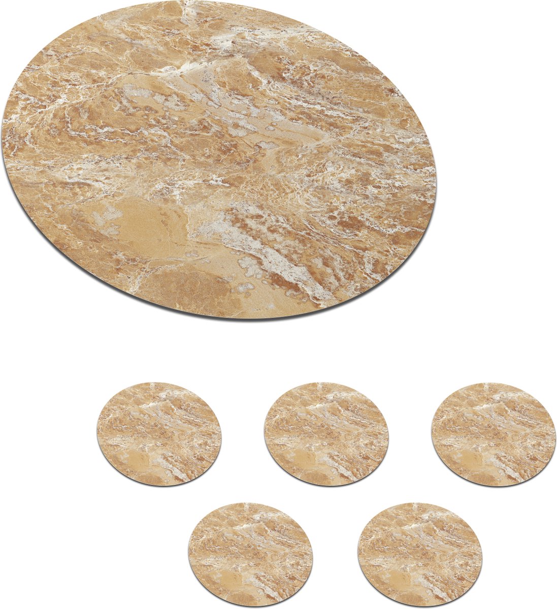 Onderzetters voor glazen - Rond - Marmer - Wit - Bruin - 10x10 cm - Glasonderzetters - 6 stuks