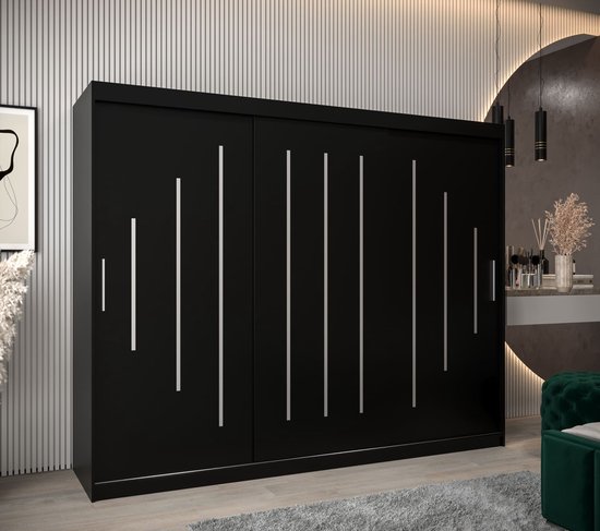 InspireMe - Armoire avec 3 portes coulissantes, Style moderne, Une armoire avec étagères (LxHxP): 250x200x62 - MALTESE 250 Zwart Mat avec 4 tiroirs