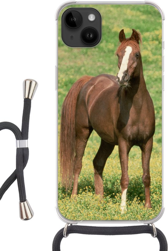 Convient pour Apple Iphone 14 Plus - Étui bandoulière - Paarden - Herbe - Marron - Siliconen - Bandoulière - Coque arrière avec cordon - Étui de téléphone avec cordon - Étui avec corde