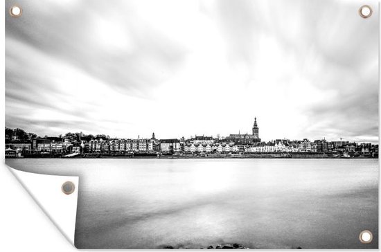 Tuinposter - Tuindoek - Tuinposters buiten - Skyline van Nijmegen met de Waal - zwart wit - 120x80 cm - Tuin