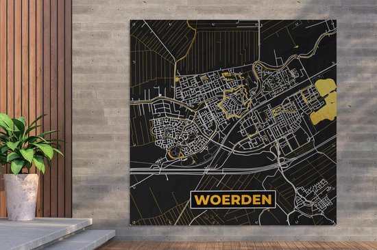 Poster de Jardin Carte - Woerden - Or - Zwart - 200x200 cm - Toile de jardin - Affiche extérieure
