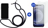 BixB iPhone 12 Mini Hoesje Transparant Backcover Case met zwart koord + 3x screenprotector tempered glass