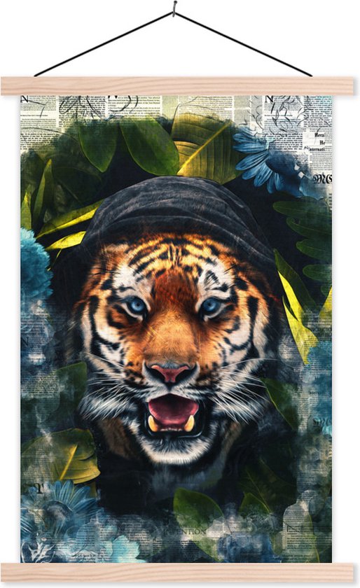 Porte-affiche avec affiche - Affiche scolaire - Tigre - Journal - Fleurs - 60x90 cm - Lattes vierges