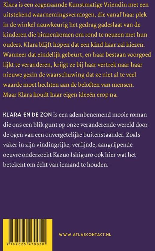 Achterkant van het boek 'Klara en de Zon' met tekst over het verhaal en de auteur Kazuo Ishiguro.
