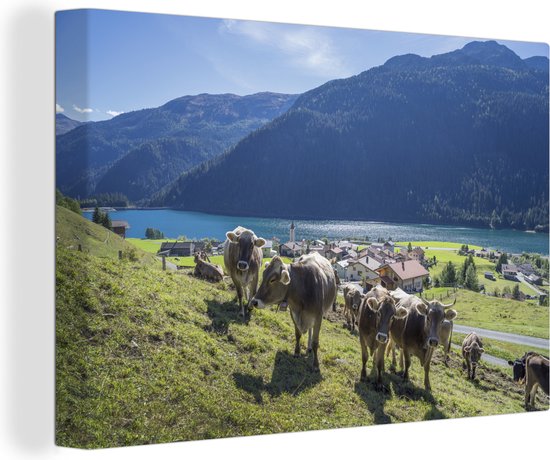 Canvas Schilderij Koeien - Water - Alpen - 30x20 cm - Wanddecoratie