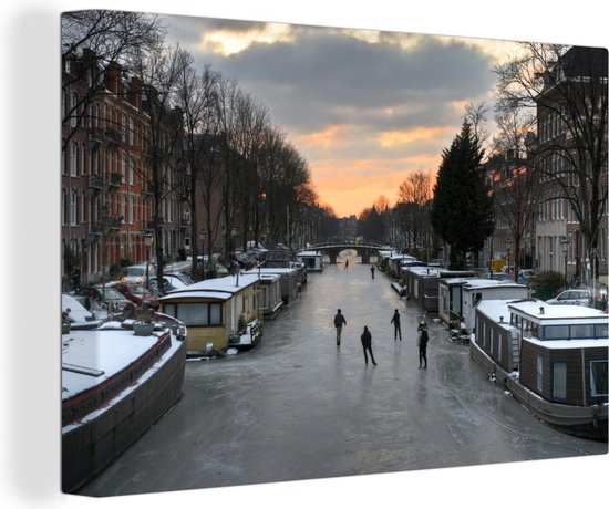 Canvas Schilderij Amsterdam - Schaatsen - Winter - 60x40 cm - Wanddecoratie