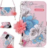 Voor LG K10 (2017) (EU-versie) Roze achtergrond Blauwe roos Patroon Horizontale flip lederen tas met houder & kaartsleuven & parelbloem Ornament & ketting