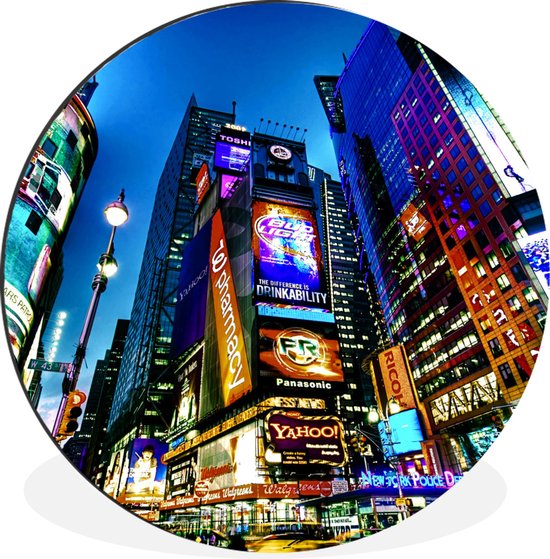 WallCircle - Wandcirkel - Muurcirkel - Times Square in de avond - Aluminium - Dibond - ⌀ 140 cm - Binnen en Buiten