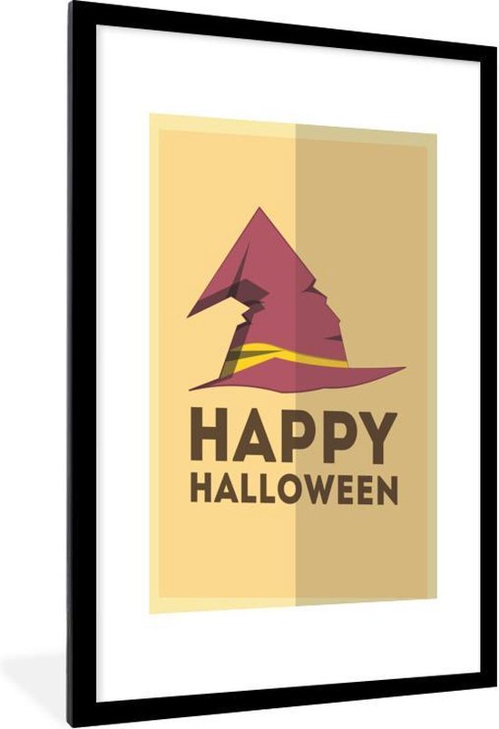 'Happy Halloween' en een heksenhoed fotolijst zwart met witte passe partout 60x90