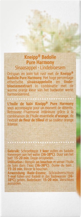 Kneipp Pure Harmony Badolie met sinaasappel en lindebloesem. Gebruiksinstructies en productinformatie.