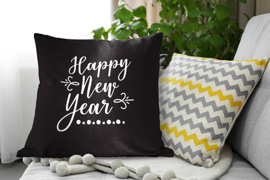 Sierkussen décoratif Citations du Nouvel An pour l'intérieur - Citation du Nouvel An ``Happy année '' - décoration murale noir - 60x60 cm - coussin intérieur carré en coton