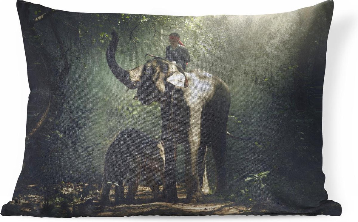 Sierkussens - Kussen - Olifantentrainer met een olifant en haar baby in het bos - 60x40 cm - Kussen van katoen
