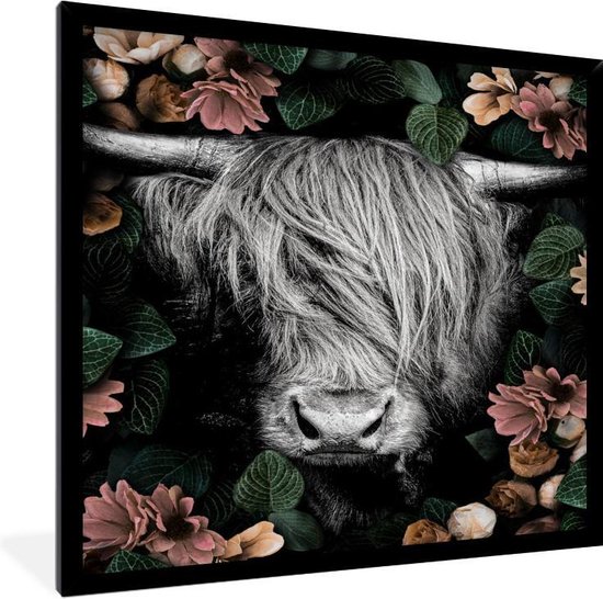 Cadre photo avec affiche Zwart Wit- Scottish Highlander - Fleurs - Zwart Wit - Plantes - Jungle - 60x80 cm - Cadre pour affiche