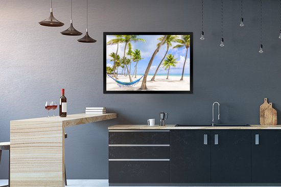 Photo encadrée - Hamac entre palmiers sur la plage près du cadre photo République Dominicaine noir 90x60 cm - Affiche encadrée (Décoration murale salon / chambre) / Mer et plage