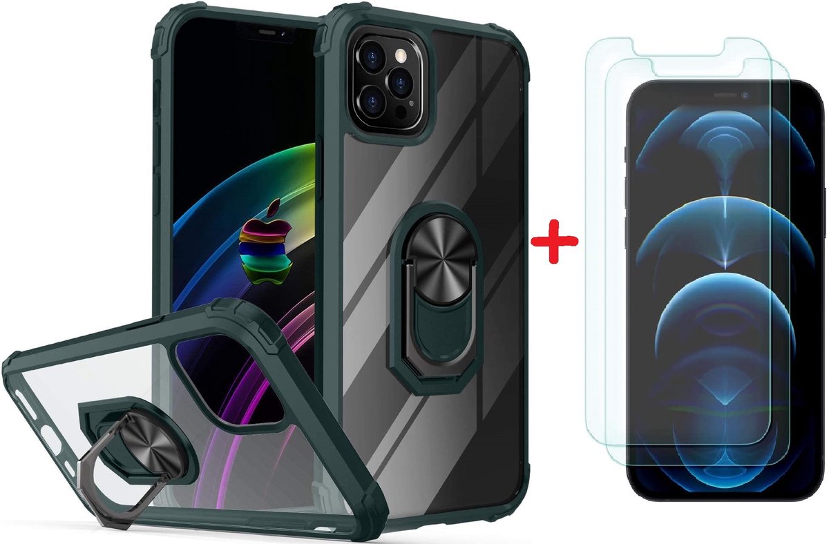 BixB iPhone 12 Mini Hoesje - ring houder Hard backcover Zilver + 2 Stuks screenprotector