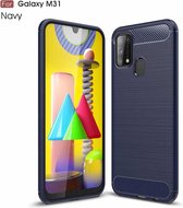 Voor Galaxy M31 geborsteld textuur koolstofvezel TPU-hoes (marineblauw)