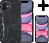 Hoes voor iPhone 11 Hoesje Marmer Case Zwart Hard Cover Met Screenprotector - Hoes voor iPhone 11 Case Marmer Hoesje Met Screenprotector - Zwart