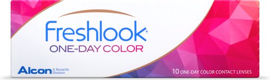 Verpakking van Freshlook One-Day Color contactlenzen, met een kleurverloop van roze en paars naar blauw.