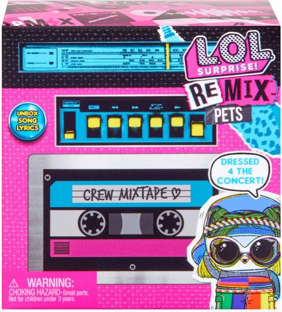 L.O.L. Surprise! Remix Pets verpakking in de vorm van een boombox met opdruk van een cassettebandje en een pop in een concertoutfit.