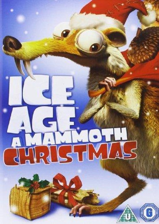 DVD-hoes van 'Ice Age: A Mammoth Christmas' met Scrat in een kerstmuts en met cadeautjes.