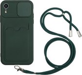Sliding Camera Cover Design TPU-beschermhoes met kaartsleuf en nekkoord voor iPhone XR (diepgroen)