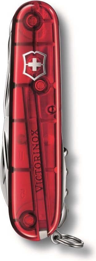 Couteau suisse Victorinox rouge transparent avec logo bouclier argenté.