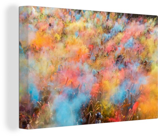 Les nuages de poudre colorés pendant la toile du festival Holi 120x80 cm - Tirage photo sur toile (Décoration murale salon / chambre)