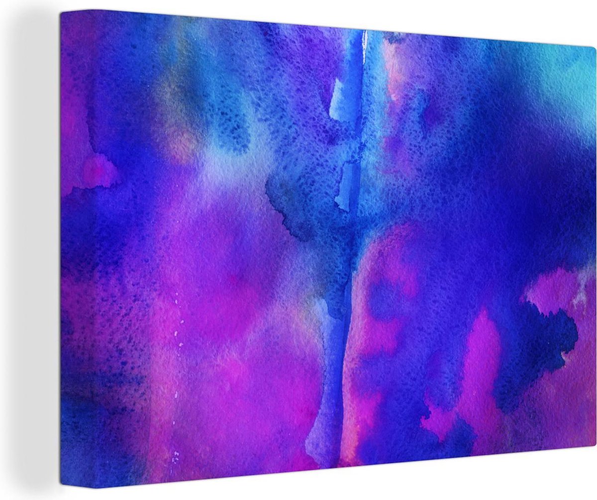 Canvas Schilderij Waterverf - Blauw - Tint - Paars - 90x60 cm - Wanddecoratie