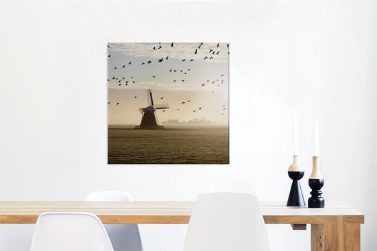 Tableau sur toile Oies au-dessus d'un moulin à vent aux Nederland - 50x50 cm - Décoration murale