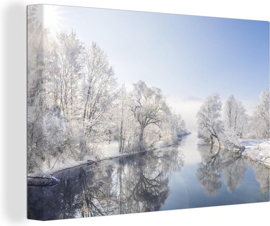 Canvas schilderij 180x120 cm - Wanddecoratie Een donkere rivier wat omringt is door het winterlandschap - Muurdecoratie woonkamer - Slaapkamer decoratie - Kamer accessoires - Schilderijen