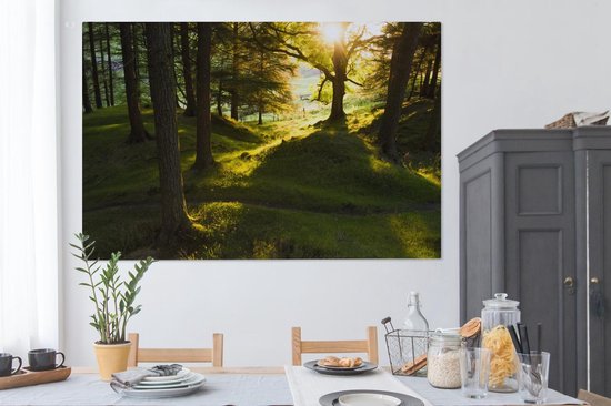 Soleil brisant à travers les forêts du parc national de Peak District Toile 180x120 cm - Tirage photo sur toile (Décoration murale salon / chambre) XXL / Groot format!