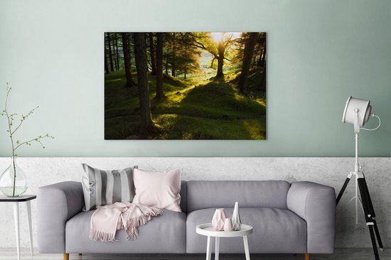 Soleil brisant à travers les forêts du parc national de Peak District Toile 180x120 cm - Tirage photo sur toile (Décoration murale salon / chambre) XXL / Groot format!