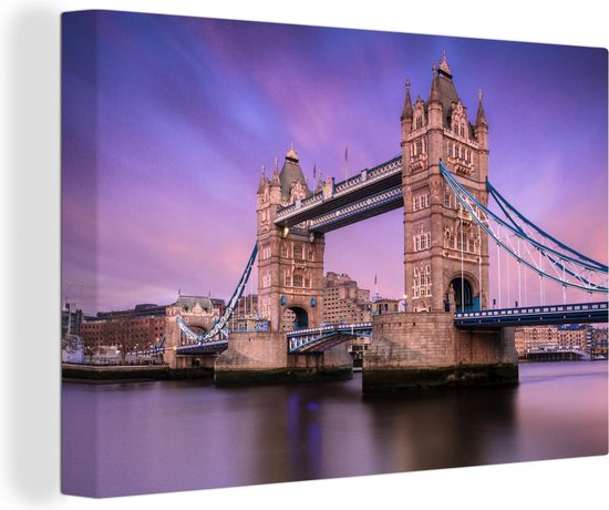 Roze kleuren in de lucht boven de Tower Bridge in Londen Canvas 180x120 cm - Foto print op Canvas schilderij (Wanddecoratie woonkamer / slaapkamer) XXL / Groot formaat!