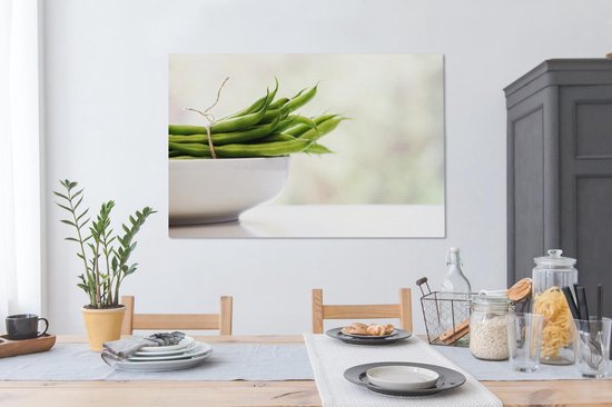 Haricots verts attachés ensemble dans un plat blanc Toile 120x80 cm - Tirage photo sur toile (Décoration murale salon / chambre)