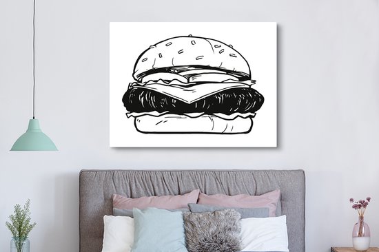 Canvas schilderij 160x120 cm - Wanddecoratie Een illustratie van een cheeseburger - Muurdecoratie woonkamer - Slaapkamer decoratie - Kamer accessoires - Schilderijen