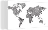 Canvas Wereldkaart - 80x40 - Wanddecoratie Wereldkaart - Vingerafdrukken - Zwart - Wit