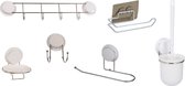 Set Badkamer-Accessoires - 6-Delig - Zeepbakje - Ophanghaakje - WC-Rolhouder - WC-Borstel en -houder - Handdoekhouder - Wandrek - Wit